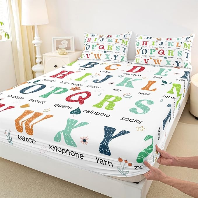 ABC Alphabet Fitted Sheet Queen Size, Learning Educational Bedding Set Cute Cartoon Funny Positive Words Bed Sheet Set for Kids Toddler Educational Bed Cover 3Pcs (No TOP Sheet)