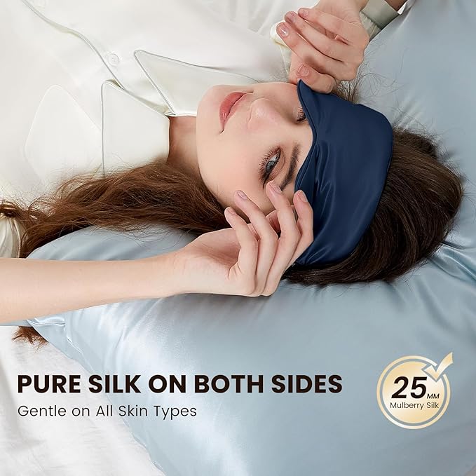 THXSILK Sleep Mask 100% 25 Momme Pure Mulberry Silk Super Smooth Cooling Sleep Eye Mask Blackout for Women/Man/Kids, Eye Cover with Wide Head Strap for Good Night Sleep, Navy Blue