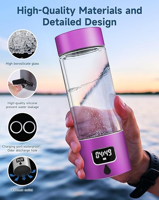Hydrogen Water Bottle - Portable Rechargeable Water Bottle with LED Timer, Aluminum and Glass, 5000 PPB Hydrogen Production, Gift for Husband Wife Father Friend Client (Purple, 11.6Oz)