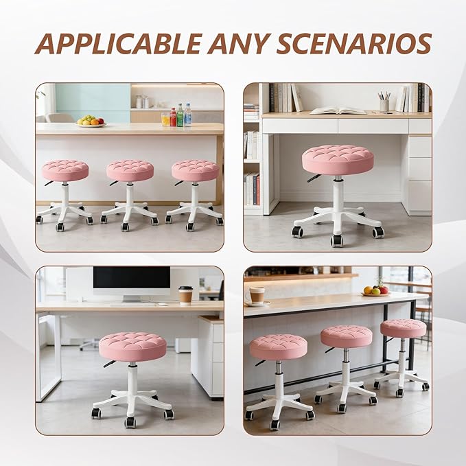 Small Rolling Stool with Wheels, PU Leather Height Adjustable Vanity Work Task Stool, 360 Swivel, Padded Seat Cushion,for Salon, Home, Office