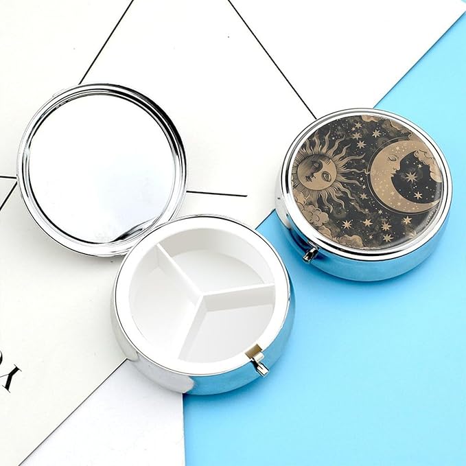 Pill Box-3 Compartment Small Pill Case, Portable Round Pill Box for Pocket or Purse, Decorative Metal Medicine Vitamin Organizer. (The Sun and The Moon)