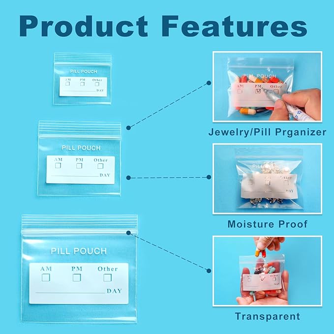 300 Packs Small Pill Bags 6mil Sturdy, 3 Assorted Sizes 2x1.85'', 2.5x2.25'', 3x2.75'' Plastic Bags, Reusable Bags Clear Zip Bags, Pill Pouch Bags for Travel Storage Jewelry and Small Craft Pieces