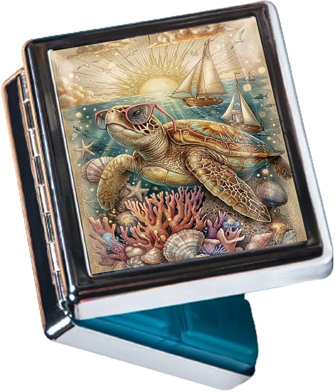 Metal 7 Day Pill Organizer, Weekly Pill Case 8 Compartments, Travel Pill Box for Purse & Pocket, Small Medicine & Vitamin Organizer, PP Dividers, Secure Clasp (Sea Turtle)