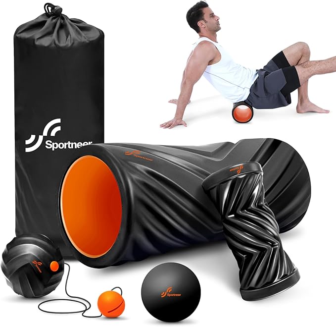 Sportneer 4 in 1 Foam Set, Muscle Relax Kit with 2 Textured Foam Pilates Rollers, Stringed Exercise Ball, Lacrosse Ball for Muscle Shoulder Back Leg Whole Body Relax Fitness Yoga