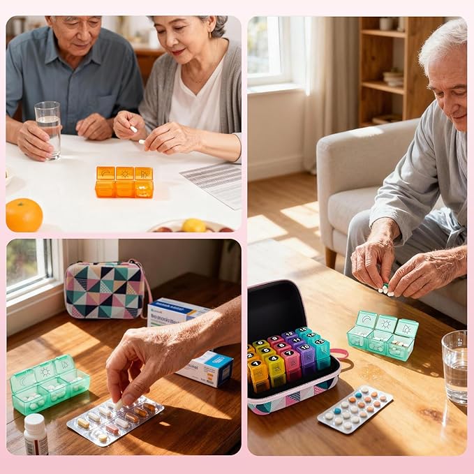 Pill Organizer, 15-Day Medicine Box with Hard Shell Case, 3 Times Daily Dosage Schedule, Plastic Rectangular Design, Includes Pill Cutter and Monthly Weekly Stickers,Multicolor