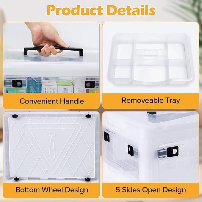 Extra Large Medicine Storage Box with Handles, First Aid Box Clear Medical Supply Organizer with Removable Tray, Multipurpose Plastic Medicine Chest with Wheels