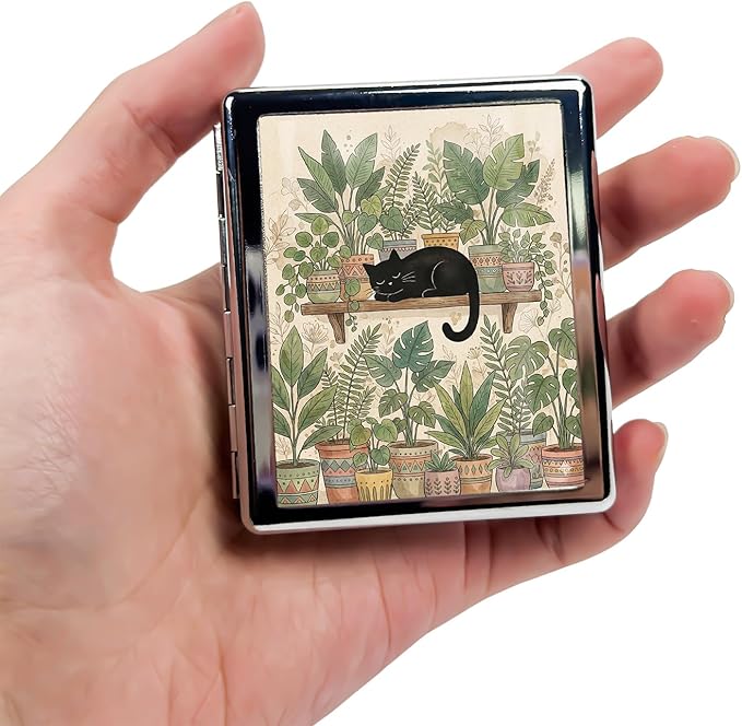 Metal 7 Day Pill Organizer, Weekly Pill Case with 8 Compartments, Travel Pill Box for Purse & Pocket, Small Medicine & Vitamin Organizer with PP Dividers (Botanical Black Cat)