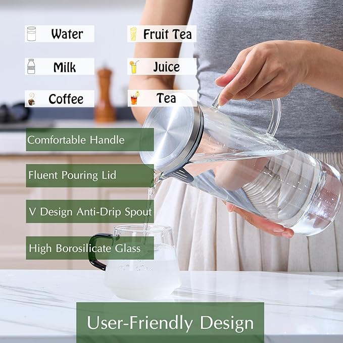 Karafu Pitcher, Glass Pitcher with Handle and Lid, 50 Oz Handmade Water Jug for Hot/Cold Water, Ice Lemon Tea and Juice Beverage