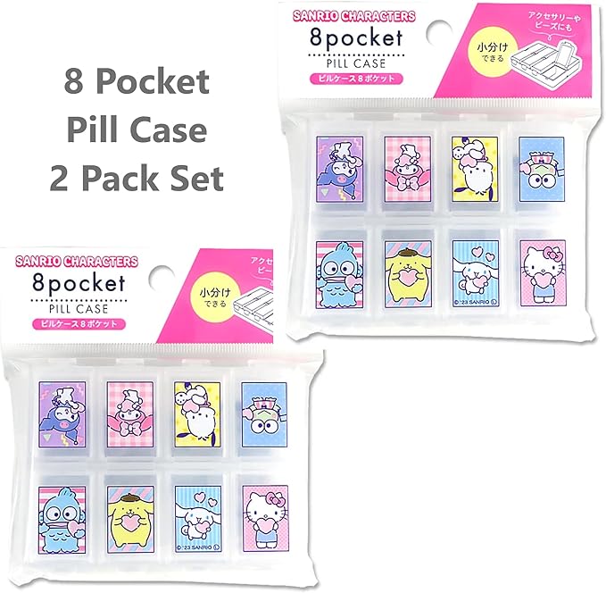 Kawaii Character Travel Pill and Accessories Organizer - Kitty, Cinnamo-roll, Little Twin Stars, and My Melody Pocket-Size (8 Poket Case x 2 Pack)