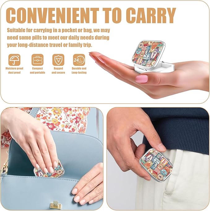 Pill Box-2 Compartment Small Pill Case Square Organizer Case with Mirror Portable Metal Medicine Box Travel Container for Pocket & Purse Women Men（Travel Stamp）