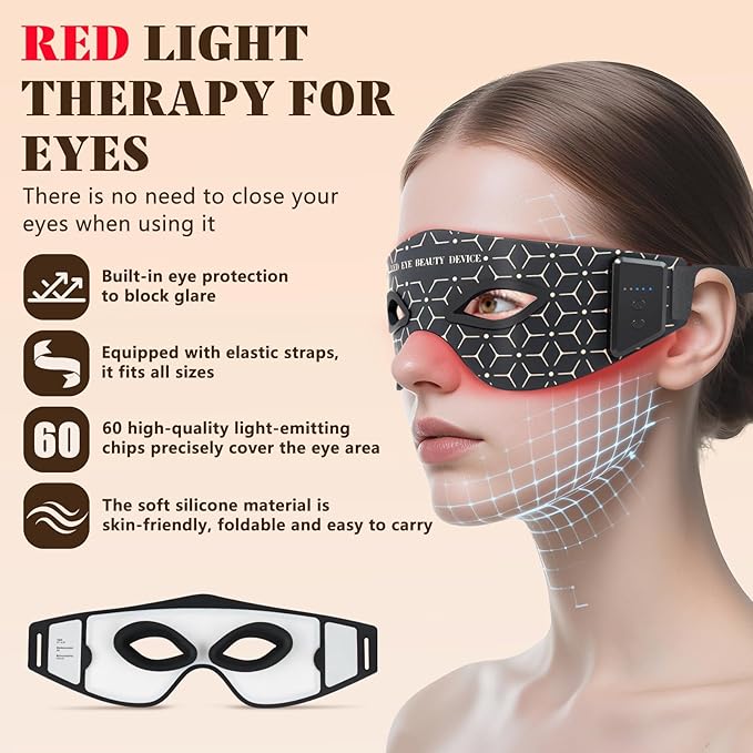 Red Light Eye Mask, 5 Modes Adjustable LED Red Light Therapy for Eyes, Under Eye Red Light Therapy Device for Relieve Eye Bags, Dark Circles and Puffiness, Smoothing Fine Lines