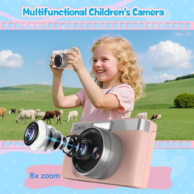 Kids Digital Camera with 180° Flip Screen, 32GB Memory Card Digital Cameras,1080P HD Point and Shoot Digital Cameras, Built in Educational Games,Ideal Gifts for Kids Boys Girls(Pink)