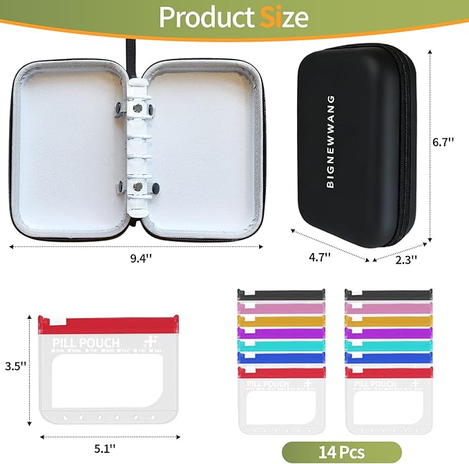 Extra Large Weekly Waterproof Pill Organizer Set, Reusable Pill Bags with 14 Coded AM PM Pouches for Home and Travel, 7 Day Portable Medicine Pill Case for Fish Oils, Vitamins (Black)
