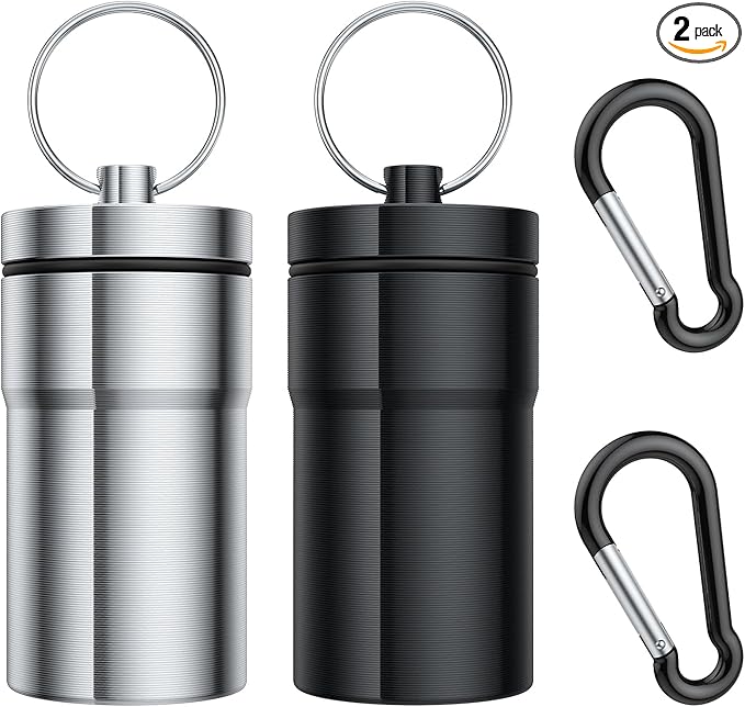 Portable Pill Case Keychain (2 Pack), Large Waterproof Aluminum Pill Box for Round Glucose Tablets & Critical Medicine, Small Pill Holder Travel Pill Container Bottle with Carabiners