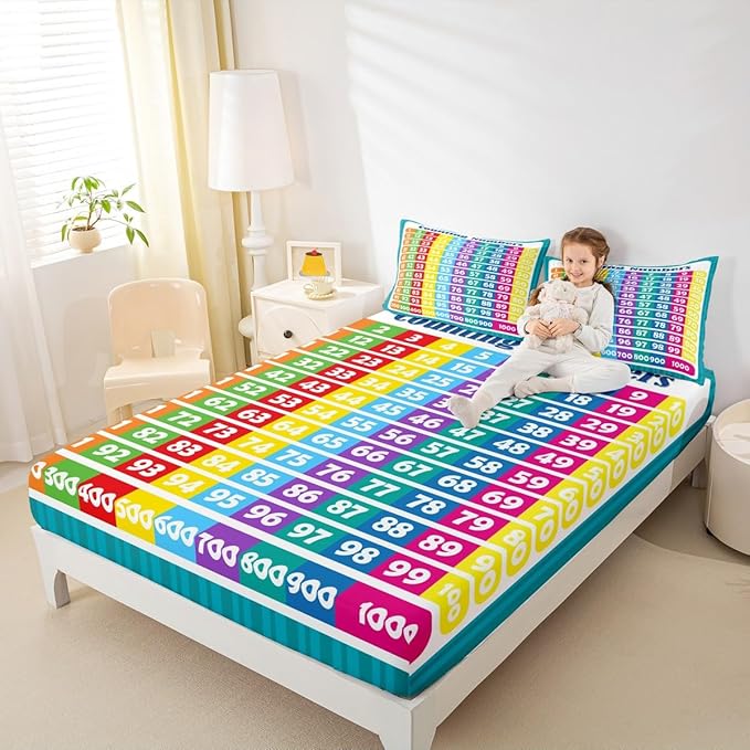 Numbers Alphabet Fitted Sheet Full, Educational Learning Bedding Set for Kids Boys Girls Numbers Bed Sheet Set Learning Time Bed Cover (2 Pillow Cases and a Fitted Sheet)