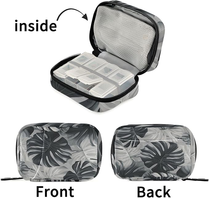 Travel Pill Case Tropical Grey Palm Leaf Monsterra Weekly Small Pill Box 7 Day Pill Box Pill Organizer Bag