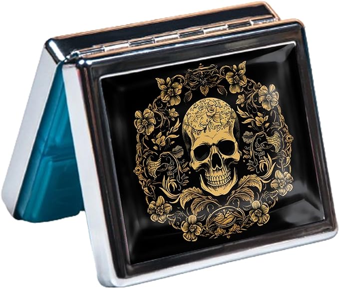 Silver Vintage Pill Box 7 Day Metal Pill Box with Mirror and 8 Compartments Cute Travel Pill Organizer for Purse (Art Flower Skull)