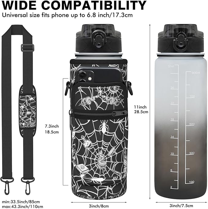 Halloween Half Gallon Water Bottle with Sleeve - Flip Top Bpa Free 32 OZ - Motivational Time Marker Leakproof Water Jug - Gothic Witchy Gifts for Women - Spider Web Snake for Gifts