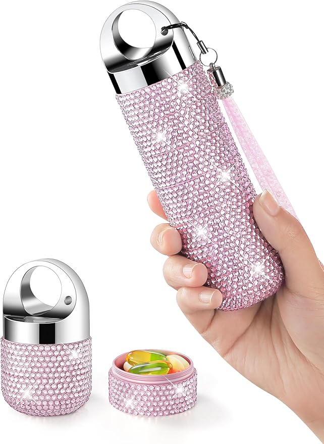 Zannaki Metal Bling Pill Organizer, Travel Waterproof Weekly Pill Box, Portable Large Aluminum Alloy Pill Case Container, BPA Free 7 Day Daily Medicine Organizer Holder for Vitamin,Fish Oil,Supplement