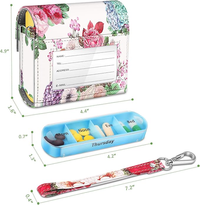 FINPAC Weekly Pill Organizers 4 Times A Day, Slide Open PU Leather Case Travel Pill Vitamin Medicine Reminder and Planner with Name Card for Morning| Afternoon| Evening| Bedtime (Flower Festival)