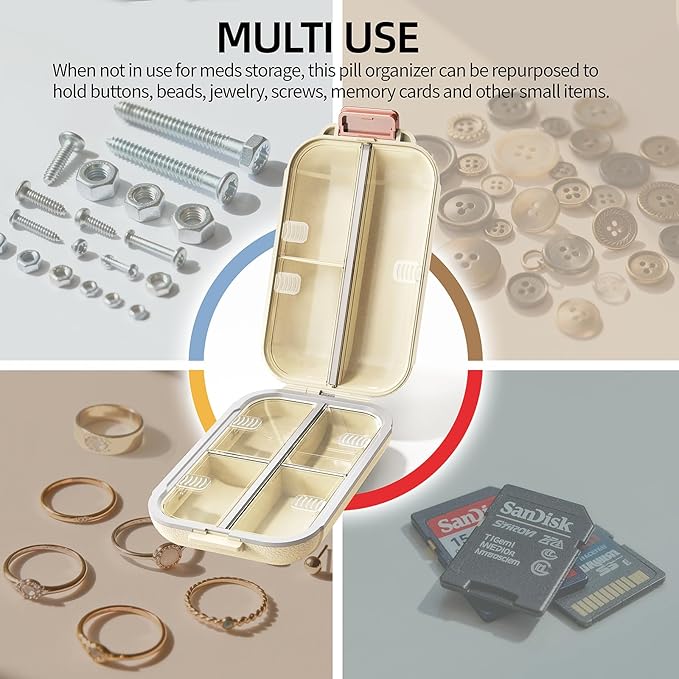 7 Compartments Travel Pill Organizer, Foldable Portable Airtight Daily Pill Box, Compact Pill Case for Purse & Pocket, BPA-Free Medicine Organizer for Vitamins Fish Oil Supplements (White)