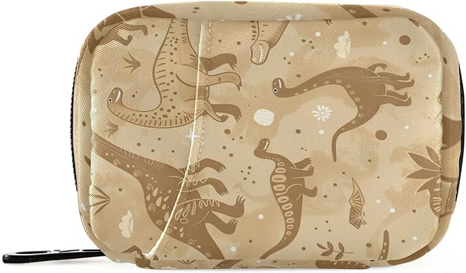 Retro Brown Dinosaur Floral Leaves Travel Pill Organizer Case Box Container Weekly Portable Vitamin Medicine Holder Storage Bag with Zipper Removable