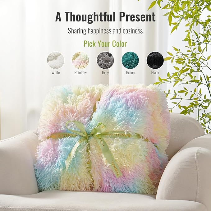Uttermara Faux Fur Weighted Blanket 15 LBS Twin Full Size, Fluffy Fur Heavy Blanket for Sofa Bed, Super Soft Plush Fleece & Cozy Sherpa Reverse, Luxury Long Fur Adults Bed Blanket, 48" x 72", Rainbow