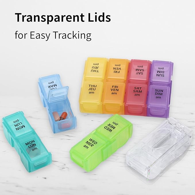 7-Day AM/PM Pill Organizer, Built-in Pill Cutter, Detachable Small Daily Pods, Portable Travel Case, Purse-Friendly, Rainbow Color