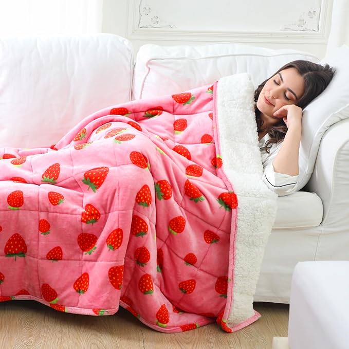 Aemicion Weighted Blanket Queen Size 20 Lbs 60x80 Inches,Ultra Soft Comfortable Fluffy Sherpa Weighted Blankets for Adults,Cute Pink Strawberry Heavy Blanket as Gift for Women,Machine Washable