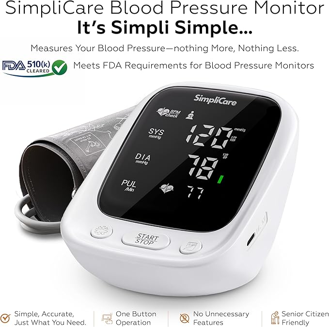 Upper Arm Blood Pressure Monitor for Home Use, FDA 510(k) Cleared Class II Medical Device, Wide-Range Cuff 22–42 cm, Large 5.1" LED Display, Dual User, USB-C & Battery (AES-U181)