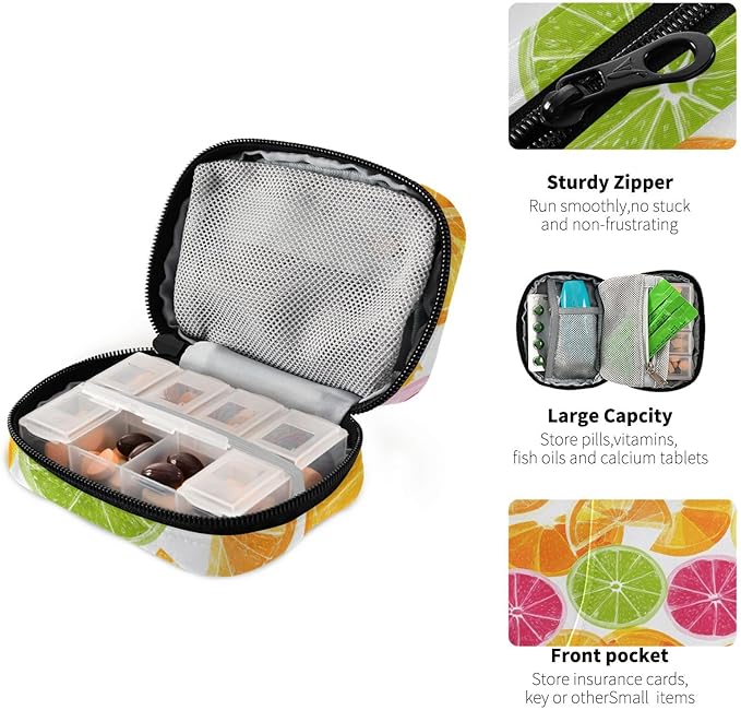Multicolored Summer Citrus Slices Travel Pill Organizer Case Box Container Weekly Portable Vitamin Medicine Holder Storage Bag with Zipper Removable