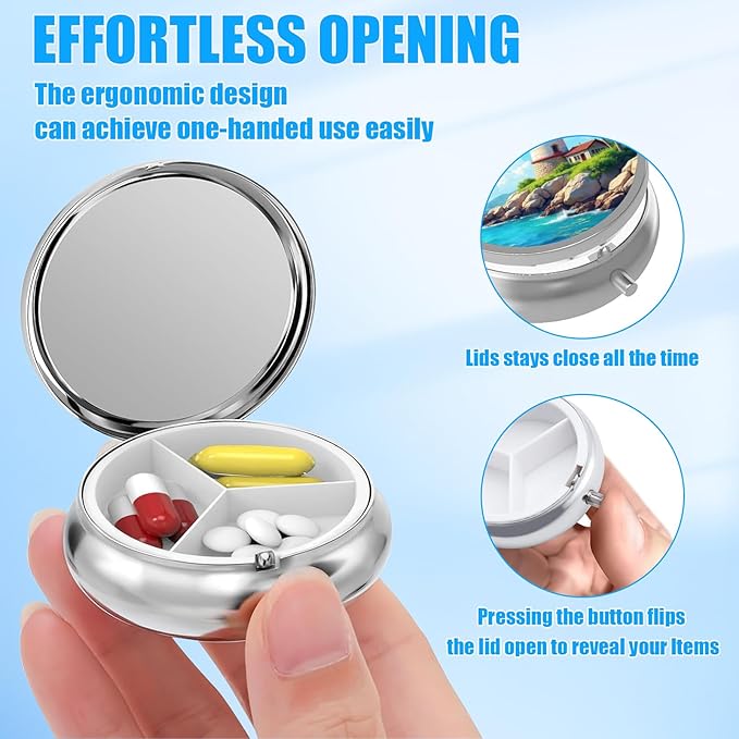 Pill Box, 3 Compartments Small Pill Case Travel Portable Metal Medicine Box with Mirror Mini Container for Purse Pocket Women Men（Lighthouse）