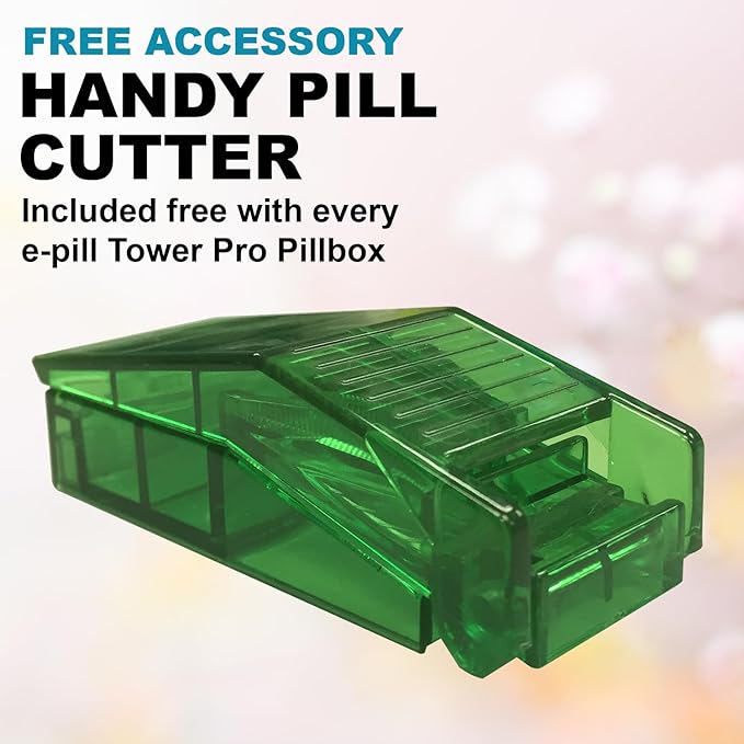 e-Pill Tower Pro - 4 Times a Day x 7 Day Weekly Pill Organizer, Vitamin and Medicine Pill Box - Stackable Pillbox Holder and Pill Cutter