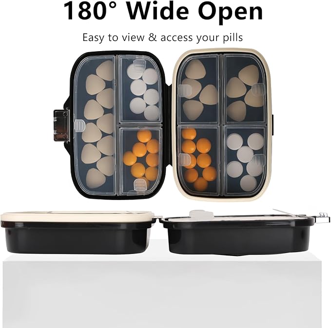 Weekly Pill Organizer, 7 Compartment Travel Pill Case with Rotatable Dose Recorder, Daily Waterproof Airtight Medicine Box for Vitamins & Supplements, Black Small, Black Large