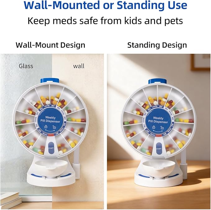 EziMedPil Pill Dispenser Daily, 14 Days Large Pill Organizer with One-Press Button, Standing Use or Wall-Mounted or Glass-Sticking Pill Container w/Med Cup, Weekly Pill Box for Vitamin,Medicine (Blue)