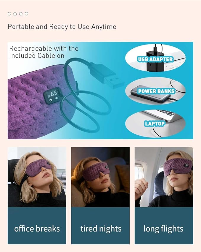 Cordless Heated Eye for Dry Eyes with 6 Timers | 35-65℃ Stepless Precision Warm Eye Compress 1500mAh | Washable Heating pad for Eye Care,Purple
