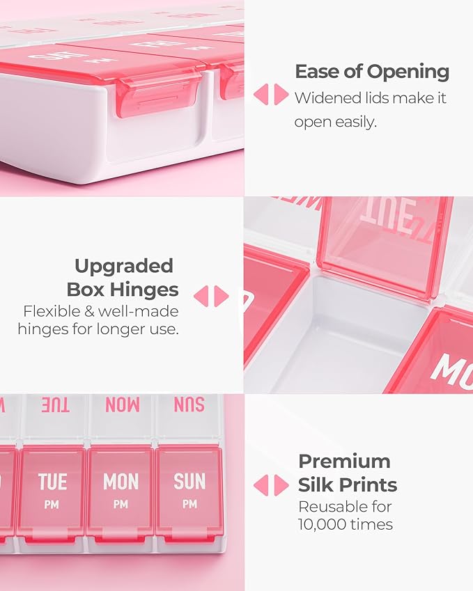 Weekly Pill Organizer 2 Times a Day, Stylish Pill Box 7 Day AM PM with Large Compartments, Pill Case Easy to Use, BPA-Free Pill Container for Vitamins, Fish Oils, Supplements, Medicines, Pink