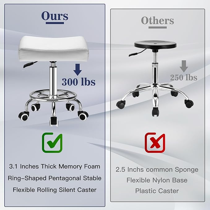 Square Salon Rolling Stool - 300lbs Weight Capacity，Adjustable Swivel Stool with Wheel，Pu Leahter Comfortable Cutting Stools for Salon Tattoo Stylist Massage Perfect for Work SPA (Premium White)