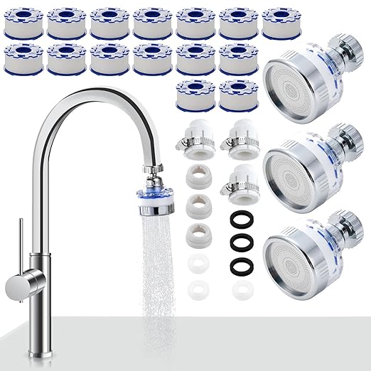 3 Pack Sink Water Filter Faucet, 360° Rotating Faucet-Mount Water Purifier with 15 Filter Cartridges, Removes Chlorine, Fluoride & Heavy Metals from Hard Water for Kitchen & Bathroom