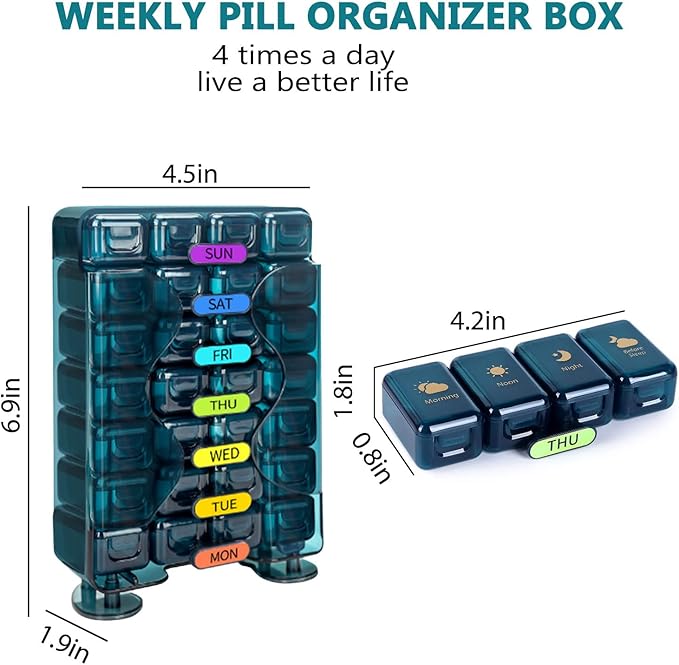 Weekly Pill Organizer 7 Day 4 Times a Day， Large Pill Box Organizer with Drawer Designed， Daily Pill Organizer to Hold Medicine, Medication, Vitamins and Fish Oils (Blue)