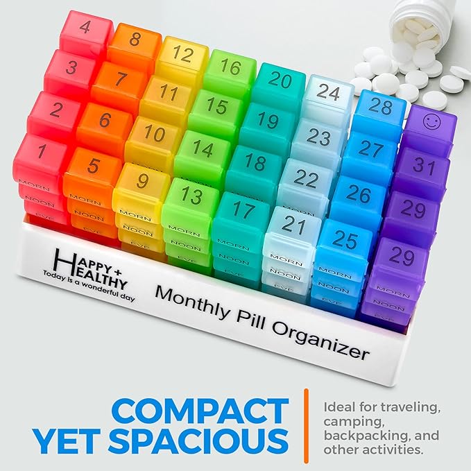 Month Pill Box Organizer - 4 Times-a-Day Morning-Noon-Evening-Night - Large 32 Daily Pill Cases with Compartments for Vitamins, Supplements, Medication -Travel Monthly Pill Organizer, Rainbow