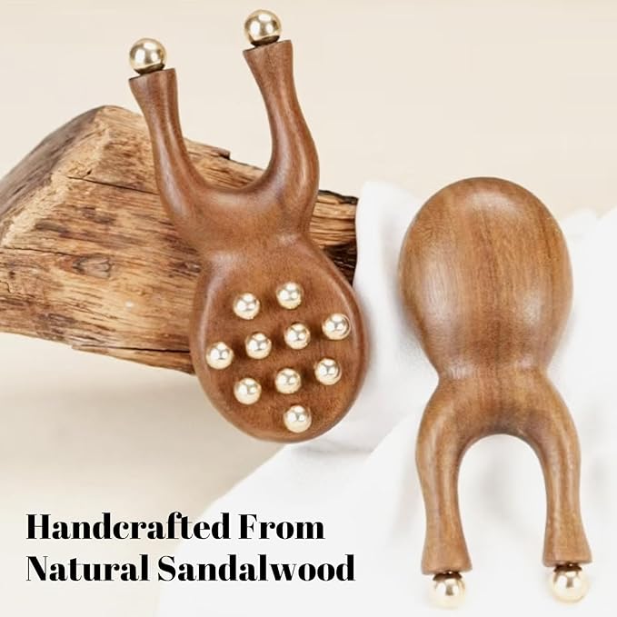 Sandalwood Facial Massage Roller with 12 Brass Beads, Wooden Y-Shaped Guasha Tool for Face, Eye, Nose, Ear Meridian Acupoint Massage