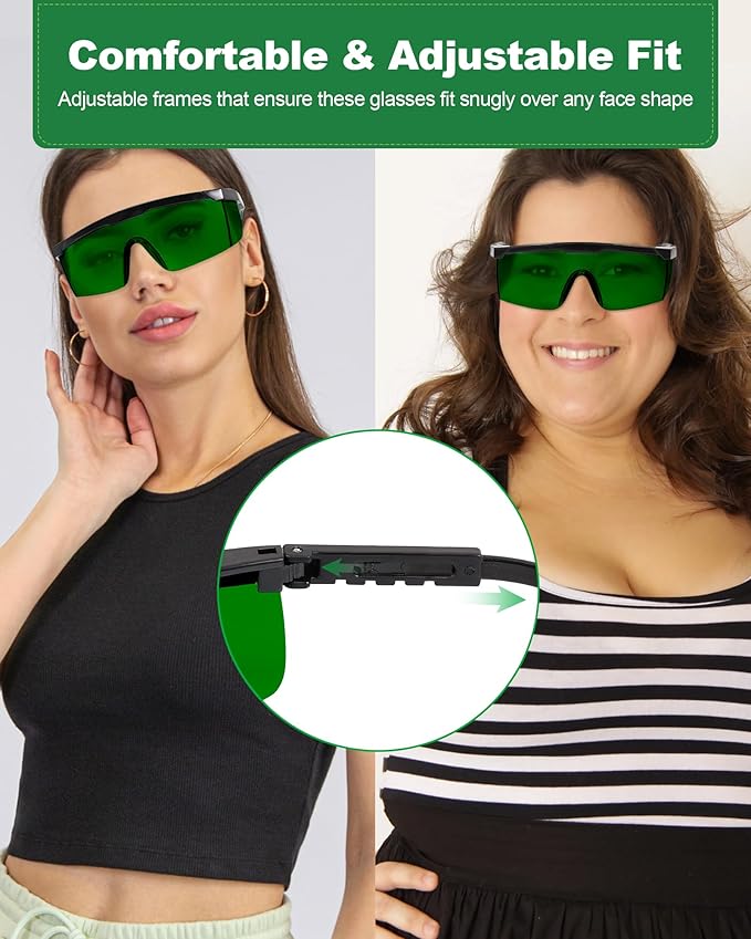 LIGHTMEUP Red Light Therapy Glasses Eye Protection for Infrared & LED Sessions Deep Green Goggles with 200-2000nm Harmful Wavelength Blocking, Maintain Visibility Full-Coverage Adjustable Leg