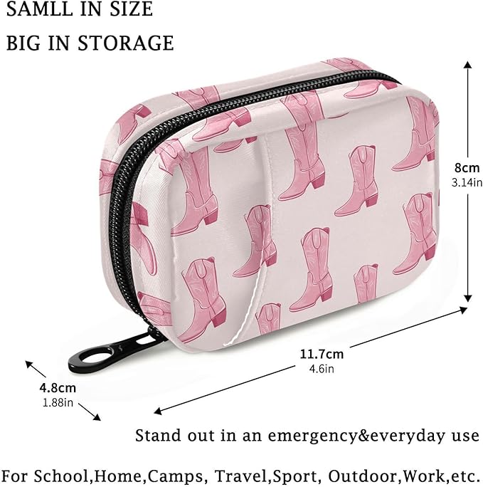 Fustylead Pink Retro Cowgirl Boots Pill Organizer for Purse, Weekly Portable Pill Box with Zipper to Storage Vitamins Fish Oils Medications Supplements