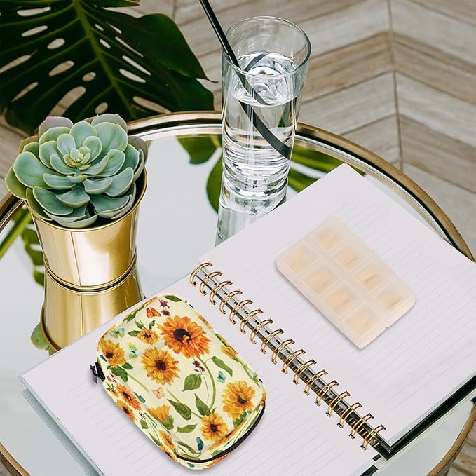 Butterfly Sunflower Leaf Flower Travel Pill Organizer Box Weekly Portable Pill Case Daily Pills 7 Day Small Birth Control Pills Container Removable Compartments for Medicine Vitamins Fish Oil