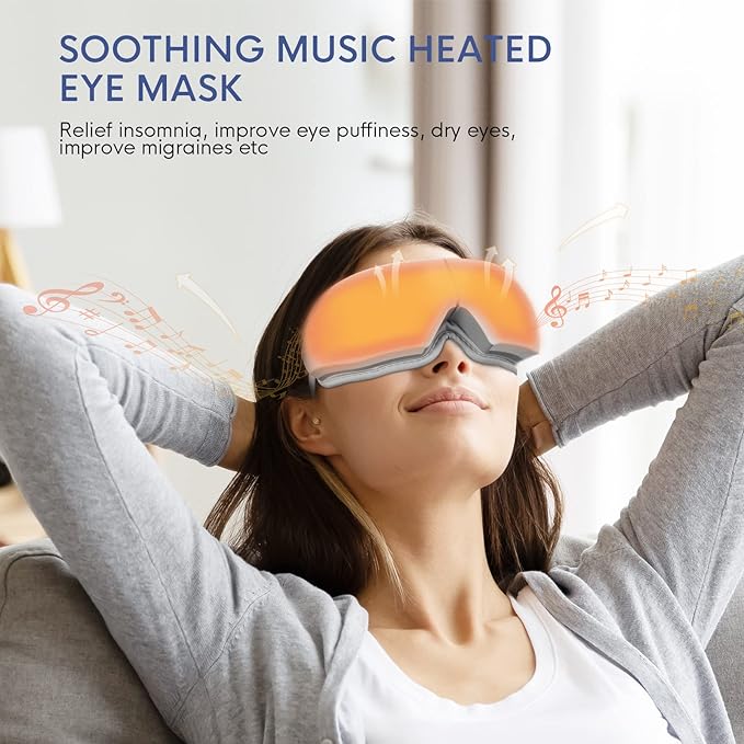 NOWWISH Eye Massager with Heat, Vibration and Bluetooth Music for Migraine Headache Relief, Cordless Heated Eye Mask with 6 Massage Modes, Relaxation -Mothers Day Gifts for Mom Wife -White