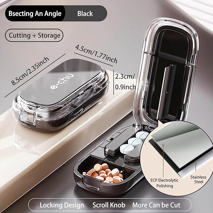 Pill Cutter (Black with Brush) Cutter Divider丨Pill Divider丨Pill Divider, Pill Divider for Cutting Pills, cuts Small or Large Pills in Half, Suitable for Travel, Pets