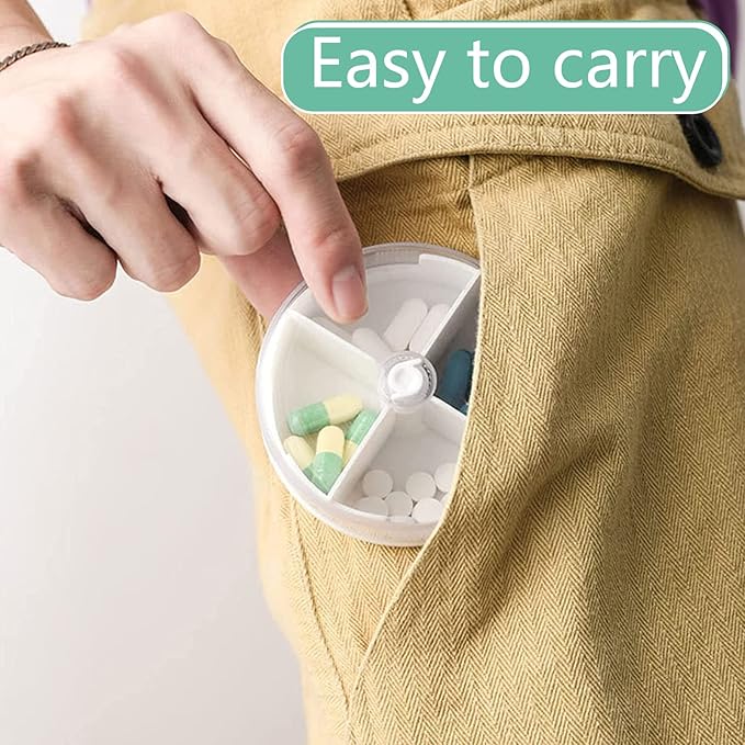 2PCS Pill Organizer 2 Packs Portable Travel Pill Box Round Rotatable Pill Case 4 Large Compartments Medicine Organizer for Vitamin Fish Oil Pills Supplements (Grey + White)