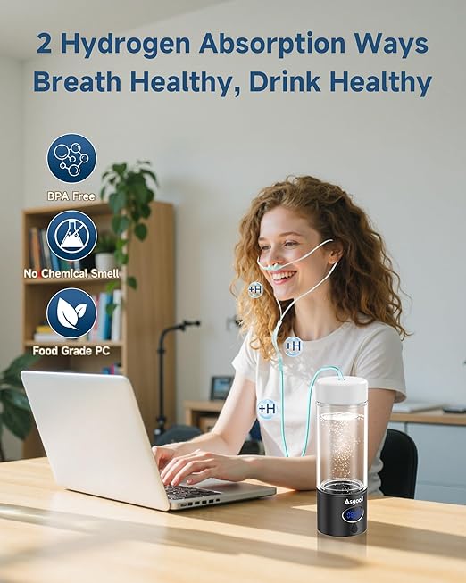 Hydrogen Water Bottle - 5000 PPB in 8 Minutes, Cyclic Mode for 8 Hours, Self Clean, Aluminum & Glass, for Travel Sports Office Home, Gift for Father Mom Family Friends Clients(Black, 12Oz)