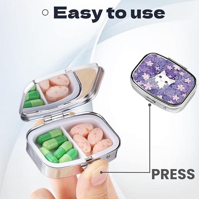Metal 2 Compartment Square Pill Organizer Sealed Travel Pill Container, Mini Size Pill Box for Pocket Wallets Two Times a Day Compact Pill Case for Children, Men and Woman - White Cat